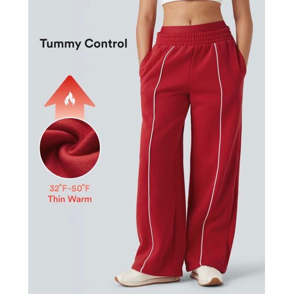 HALARA Pants - NWT Halara Double Waistband Tummy Control Fleece Pants Women's XL Red Wide Leg